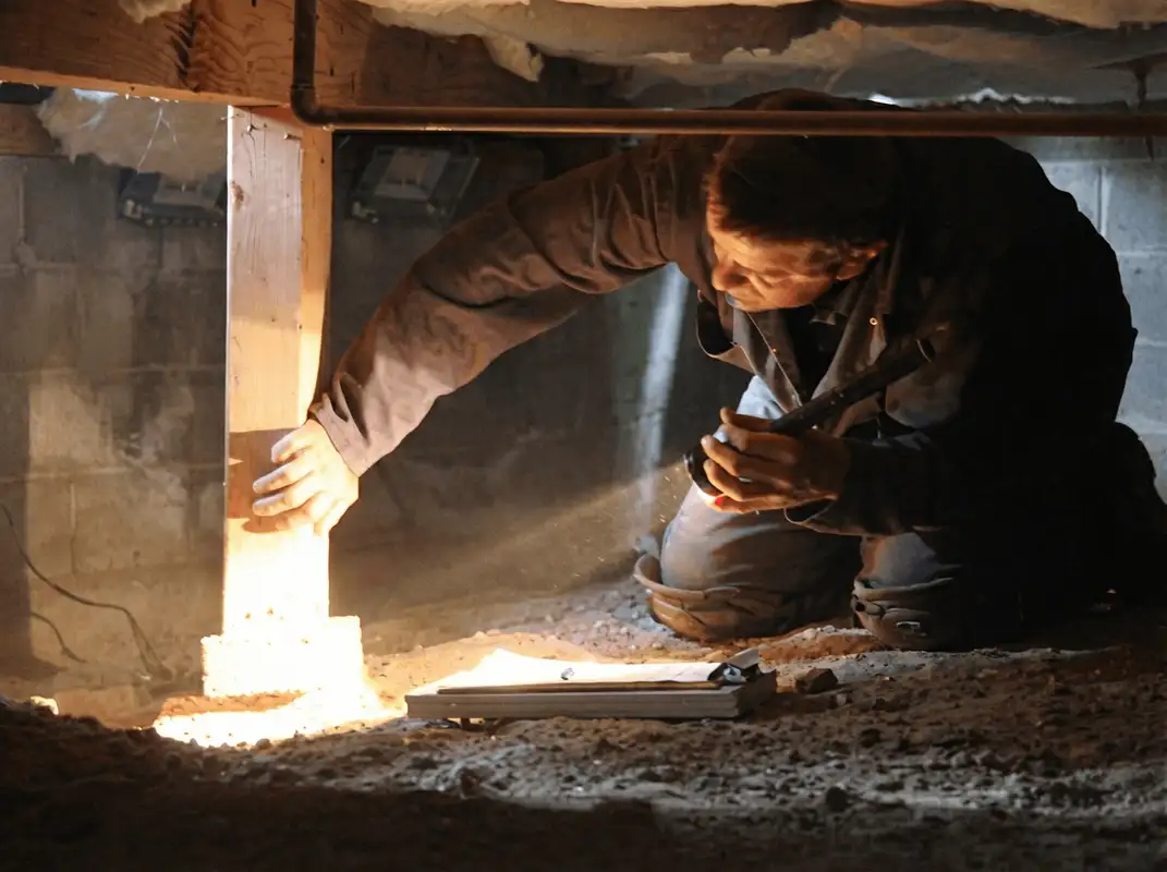 A professional inspecting wooden beams under the floor of a structure in Atlanta, GA